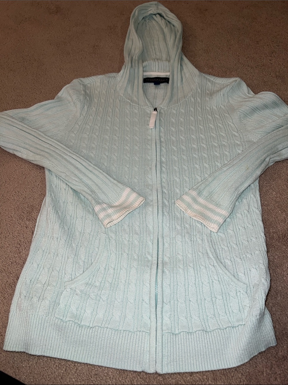 Aeropostale Light Aqua Cable Knit Zip Hoodie